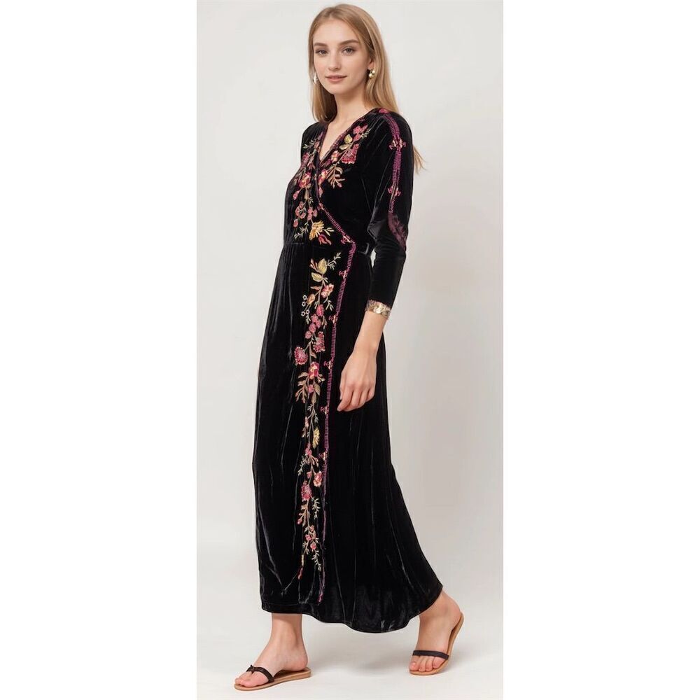 Johnny Was S Workshop Lilith Satin Floral Embroidered Wrap Dress Black Boho Chic - Picture 4 of 16